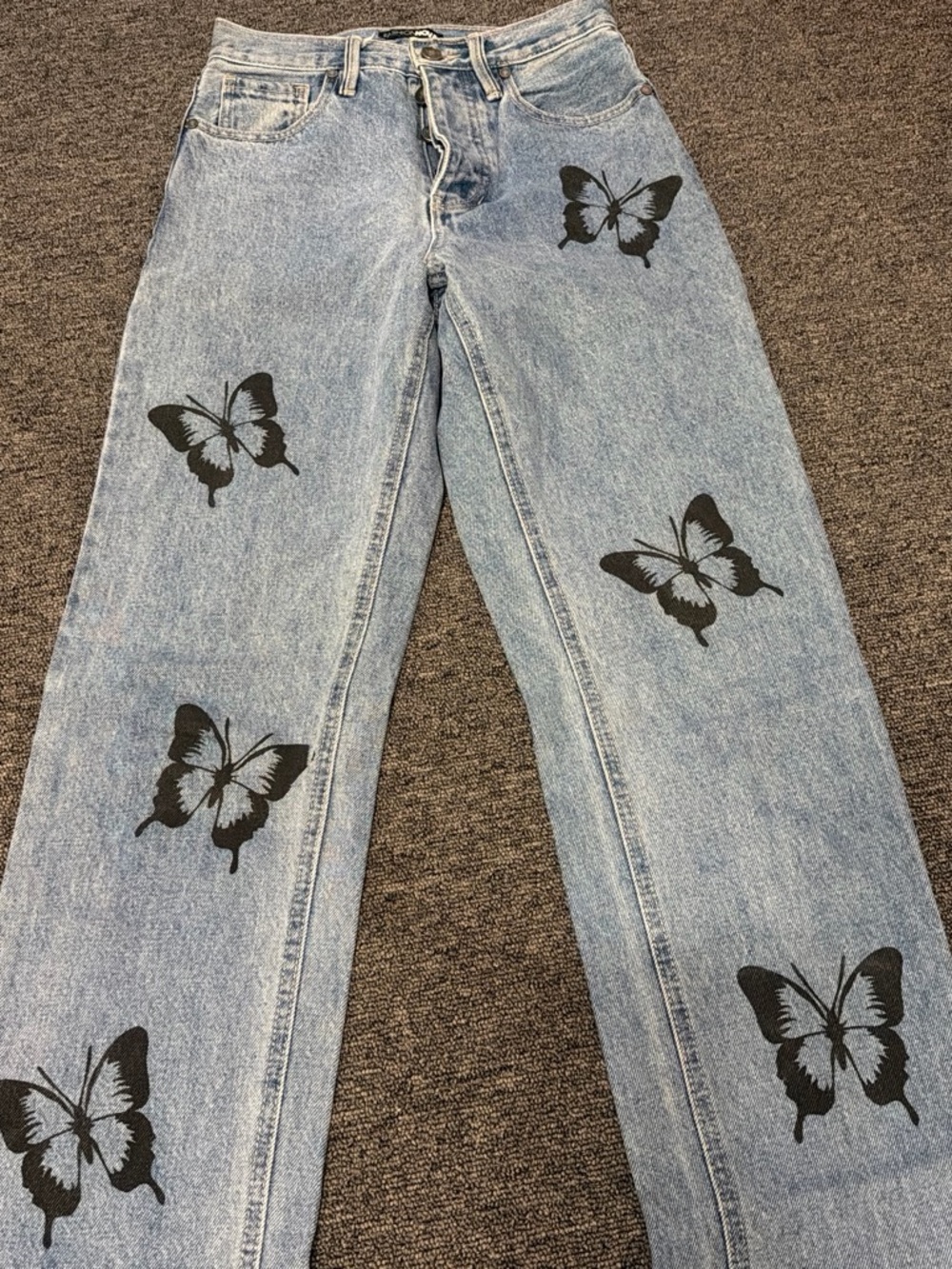Fashion Nova Light Blue Wide-Leg Jeans with Black Butterfly Prints